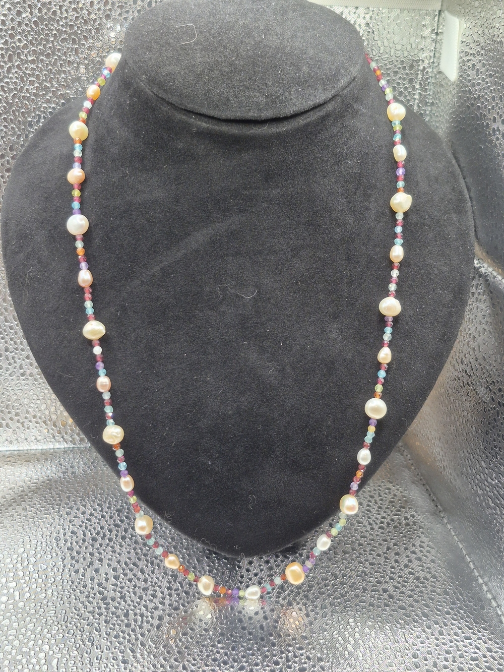 WhitwFreshwater Pearl & Multicolor Gemstones Beaded Long Necklace